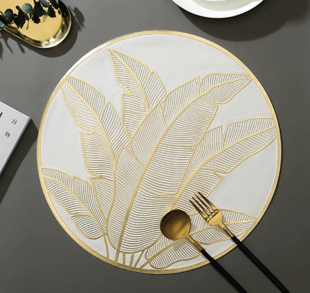 Ensemble Napperons en forme de cercle couleur blanc dore motif fleur très chic avec design moderne antidérapant pour table-salle a manger cuisine décor / 6 pièces 