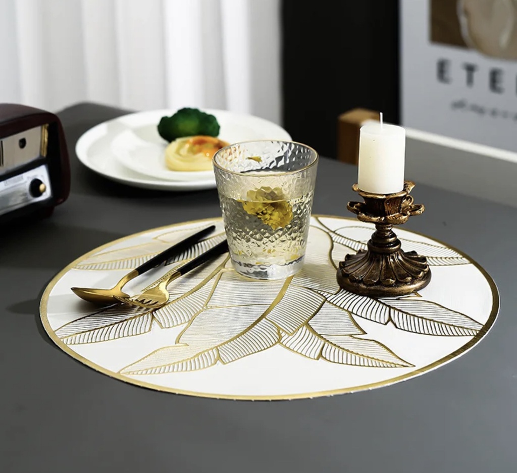 Ensemble Napperons en forme de cercle couleur blanc dore motif fleur très chic avec design moderne antidérapant pour table-salle a manger cuisine décor / 6 pièces 