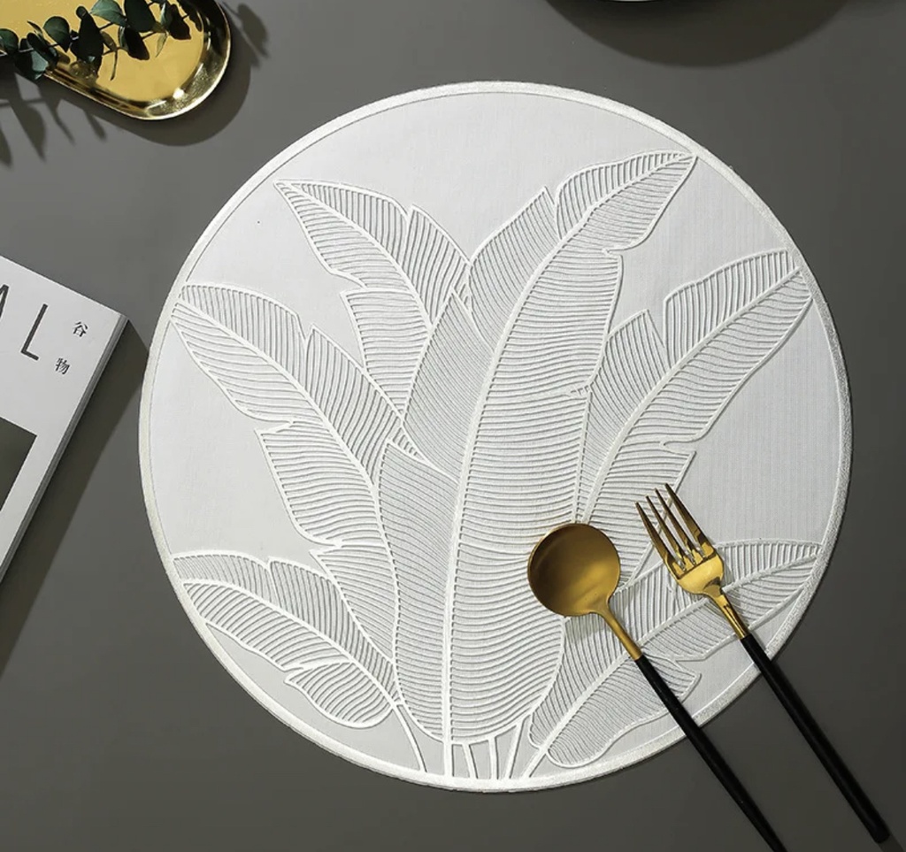 Ensemble Napperons en forme de cercle couleur blanc dore motif fleur très chic avec design moderne antidérapant pour table-salle a manger cuisine décor / 6 pièces 