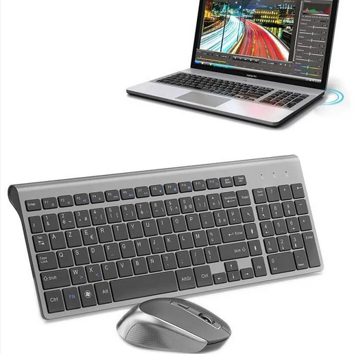 Clavier Souris sans Fil, 2.4Ghz Clavier sans Fil AZERTY Compacte Portable de Taille Normale, Souris sans Fil Ergonomique Silencieuse 