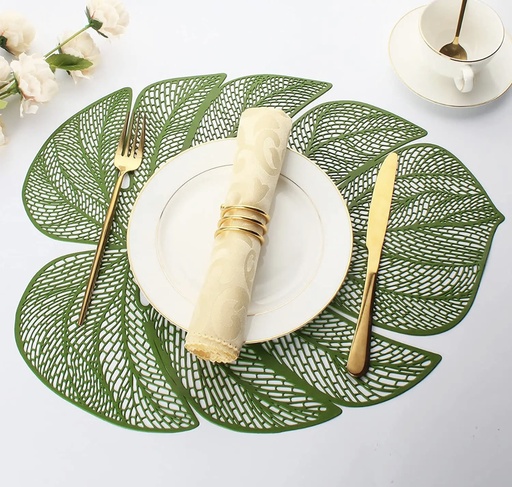 Ensemble Napperons en forme de feuille très chic couleur verte / dore/ avec design moderne antidérapant pour table-salle a manger cuisine décor / 6 pièces 