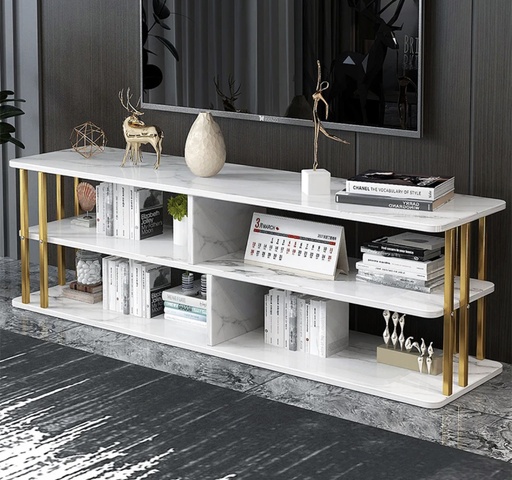 Table Basse VIP sous TV avec un design moderne couleur blanc dore type grand modèle avec des partitions de rangements dimension  / 120cm L / 43cm H
